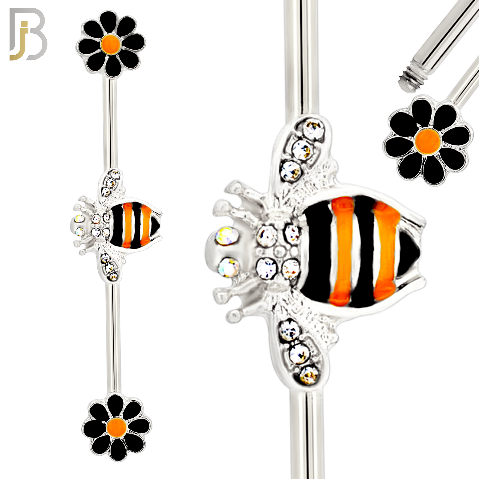 BB20 - 316L Surgical Steel Screw Bar Bee with Flower Design with Zircon Barbell Industrial (PACK OF 4) image 1