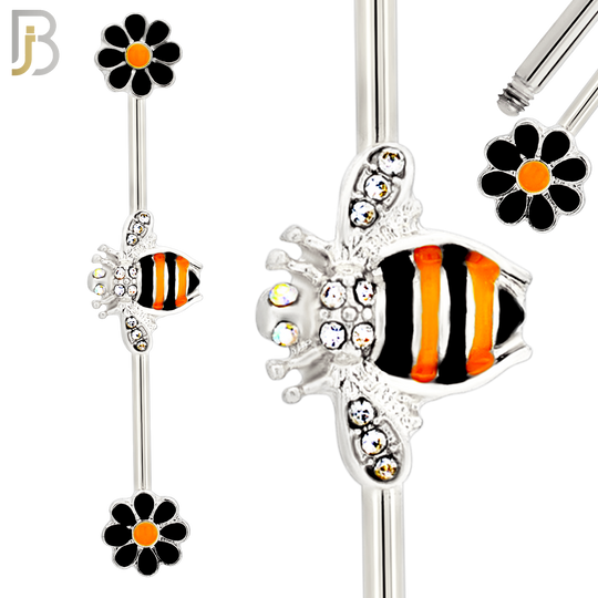 BB20 - 316L Surgical Steel Screw Bar Bee with Flower Design with Zircon Barbell Industrial (PACK OF 4) image 1