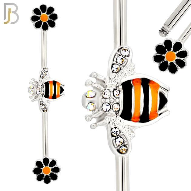 BB20 - 316L Surgical Steel Screw Bar Bee with Flower Design with Zircon Barbell Industrial (PACK OF 4) image 1