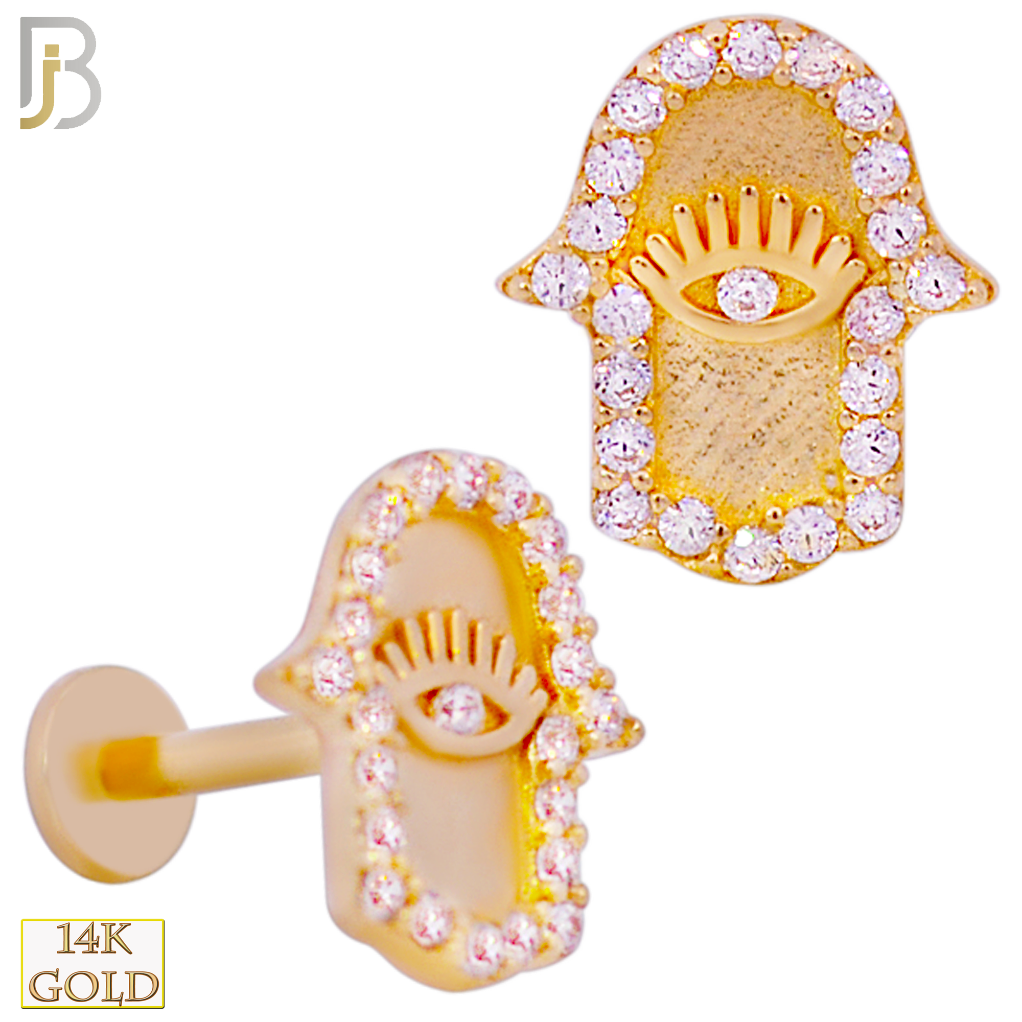 14-LB79 - 14k Yellow Gold Hamsa Labret with Multi CZ image 0