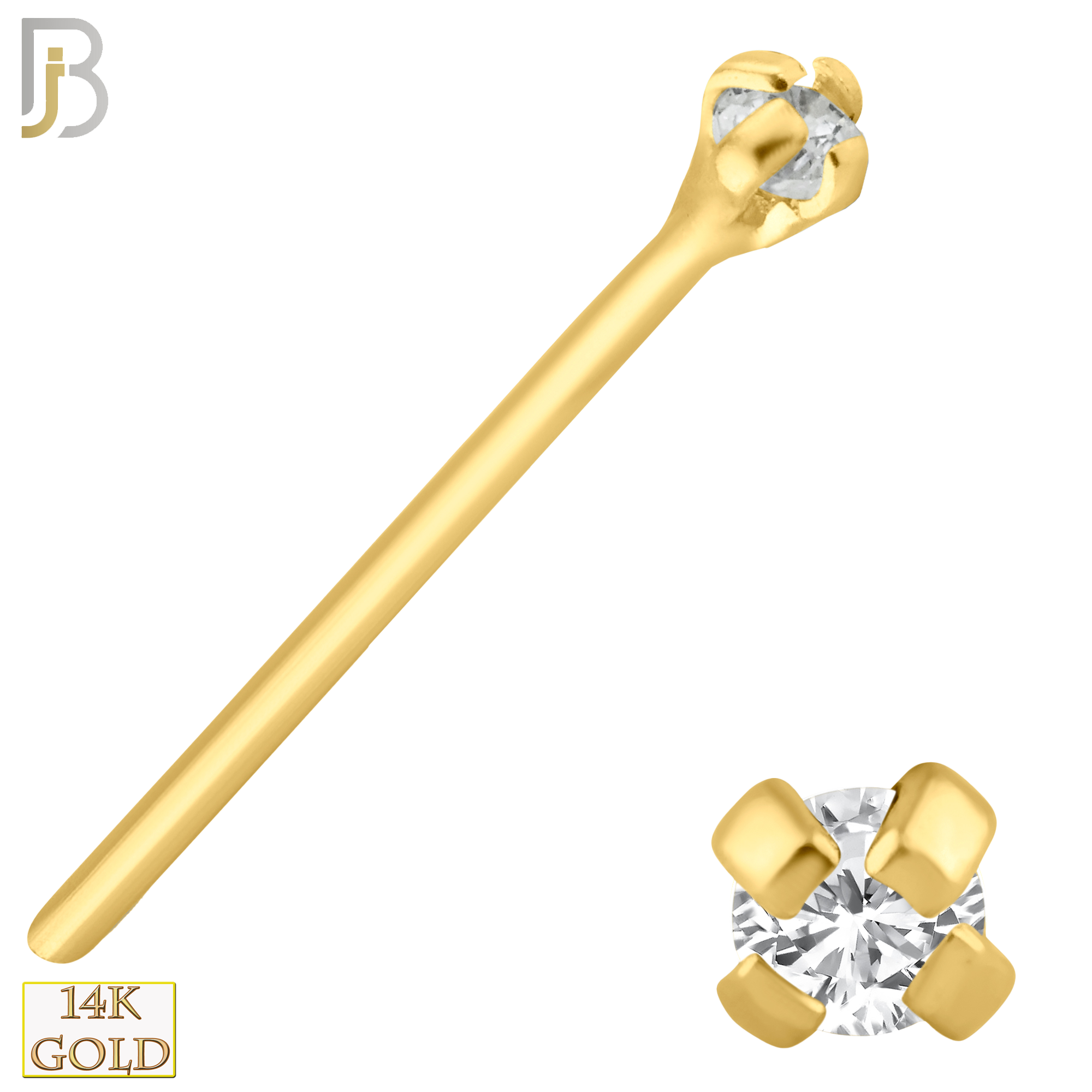 14-NR02CY-20 - 20g Thickness 14k Solid Yellow Gold Prong Setting  Round Cubic Zircona Nose Stud Bend-it Yourself, Nose Straight  image 1