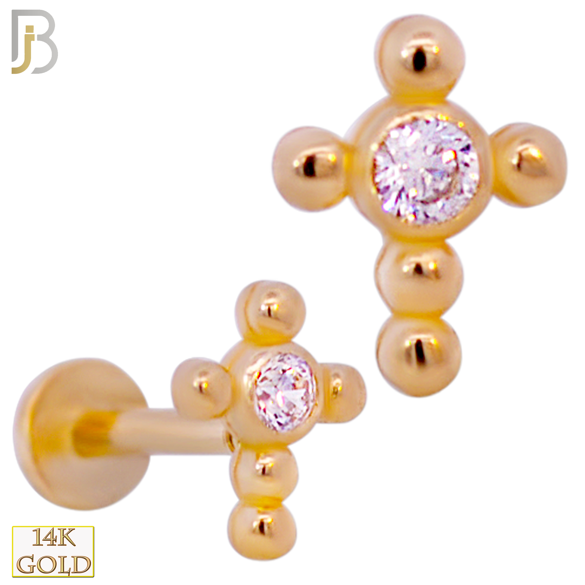 14-LB89 - 14k Yellow Gold Beaded Cross with Center CZ - Yellow Gold image