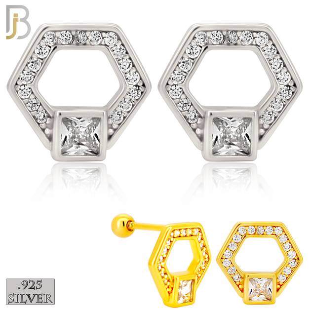 925-ES529-B – 925 Sterling Silver Hexagon Shape Studs Earrings – Screw Ball Back