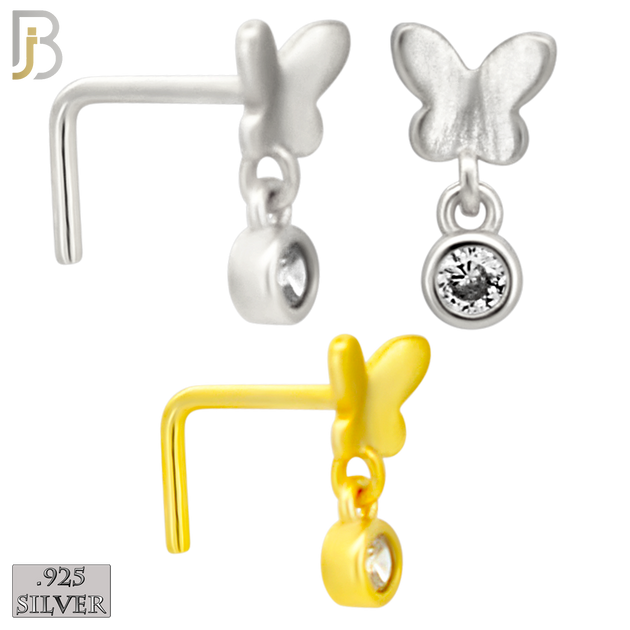 925-NR142L - 925 Silver Nose L Shape - 20g Thickness Solid  Butterfly Design (Pack of 6)
