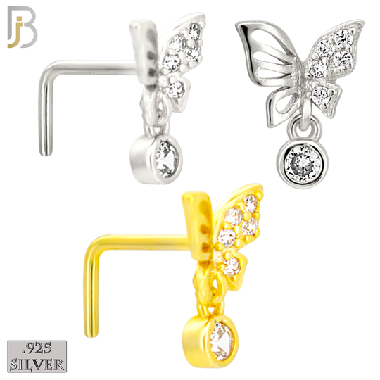 925-NR148L - 925 Silver Nose L Shape - 20g Thickness Half CZ Butterfly Design (Pack of 6)