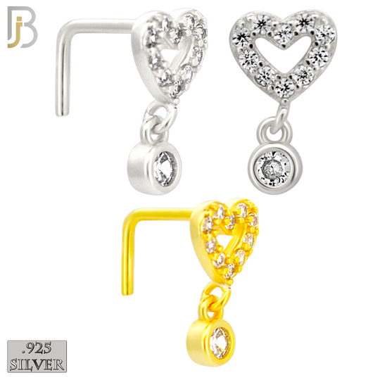 925-NR151L - 925 Silver Nose L Shape - 20g Thickness CZ Hollow Heart Design (Pack of 6)