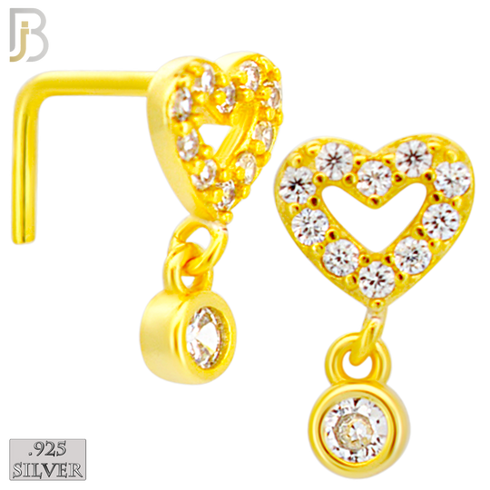925-NR151L - 925 Silver Nose L Shape - 20g Thickness CZ Hollow Heart Design (Pack of 6)