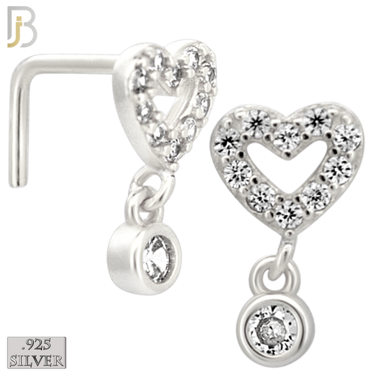925-NR151L - 925 Silver Nose L Shape - 20g Thickness CZ Hollow Heart Design (Pack of 6)