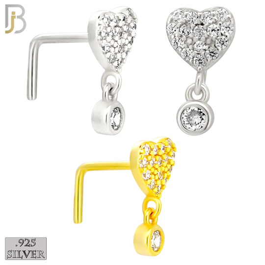 925-NR152L - 925 Silver Nose L Shape - 20g Thickness Full CZ Heart Design (Pack of 6)