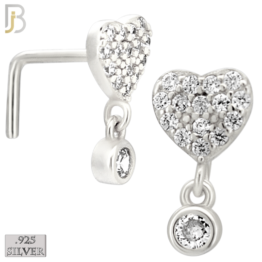 925-NR152L - 925 Silver Nose L Shape - 20g Thickness Full CZ Heart Design (Pack of 6)