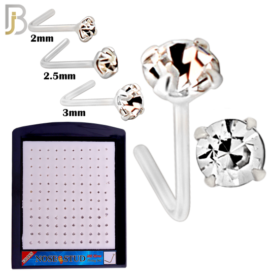 925-PK-NR10S-3C2 - Mixed of 2, 2.5, 3mm Clear CZ 22g Thickness 925 Sterling Silver Nose Studs, L-Shape Prong Set Packages Pack of 120.