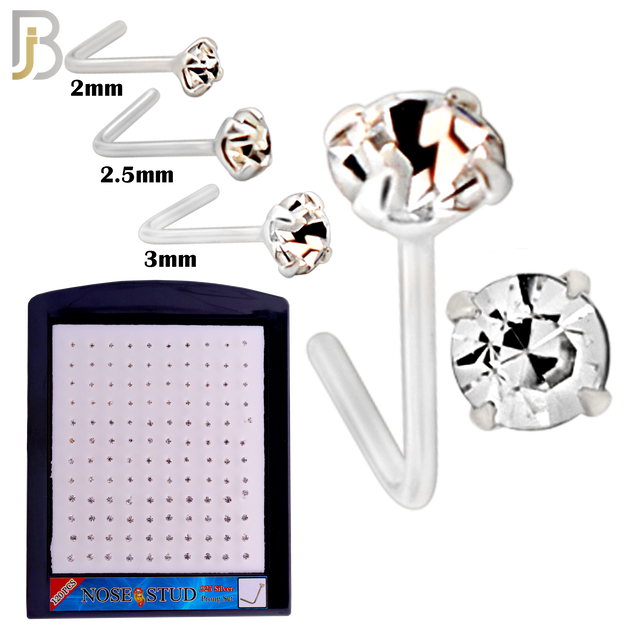 925-PK-NR10S-3C2 - Mixed of 2, 2.5, 3mm Clear CZ 22g Thickness 925 Sterling Silver Nose Studs, L-Shape Prong Set Packages Pack of 120.