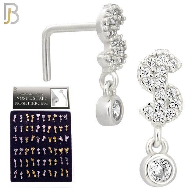 925-PK-NR56LSG - 925 Sterling Silver L-Shaped Nose Rings with Different Designs
