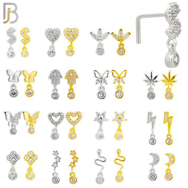 925-PK-NR56LSG - 925 Sterling Silver L-Shaped Nose Rings with Different Designs