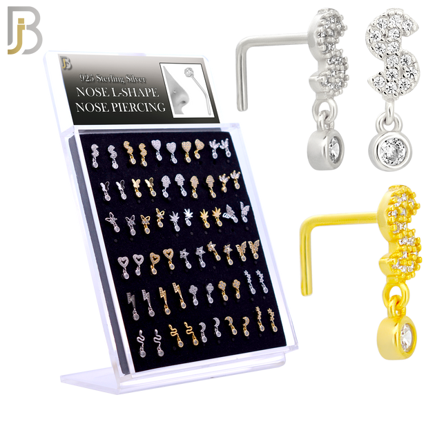 925-PK-NR56LSG - 925 Sterling Silver L-Shaped Nose Rings with Different Designs