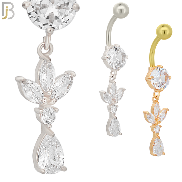 N055 - 316L Stainless Steel Dangling Flower with Teardrop Design Belly Ring with 5mm Screw Ball Top image 0