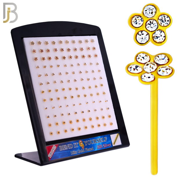 925-PK-NR08SY - 120 pcs, 18k Gold Plated Sterling Silver, Bend it Yourself Nose Studs, 22g Thickness, Assorted Shapes Packages image 0