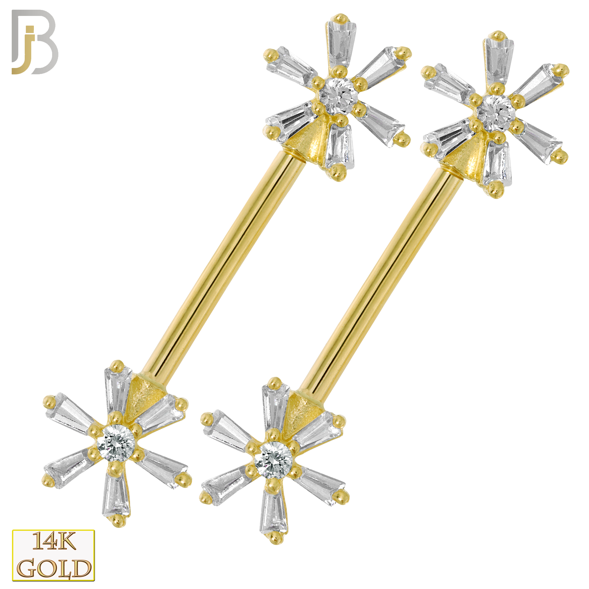 14-NP29 – 14K Solid Gold Flower Design with Zircon Externally Threaded Nipple Ring (Pair) image 0