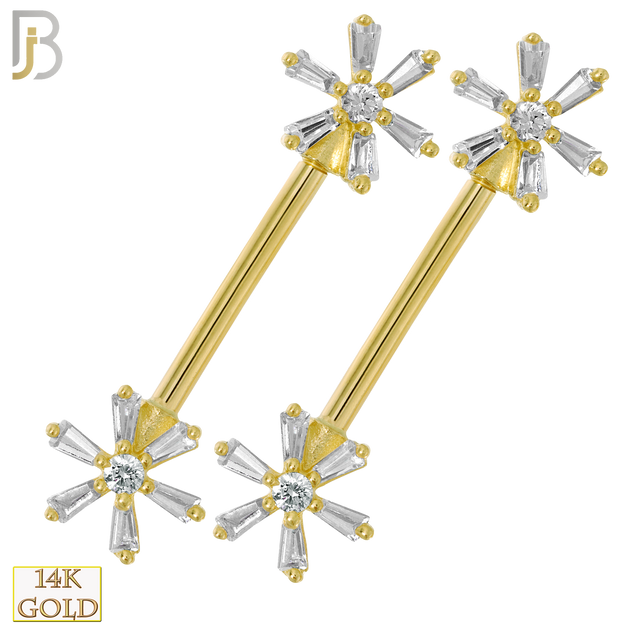 14-NP29 – 14K Solid Gold Flower Design with Zircon Externally Threaded Nipple Ring (Pair) image 0