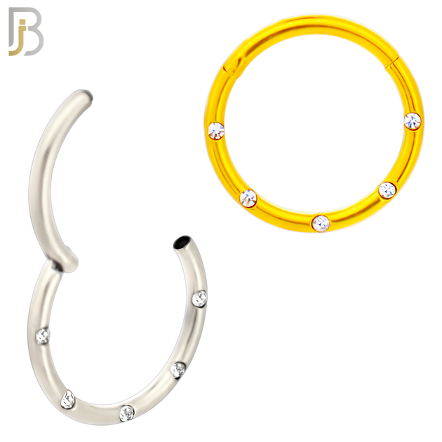CT92 -  316 Stainless Steel Hinged Hoop with CZ Gems in Flush Setting Nose Rings (PACK OF 6) image 0