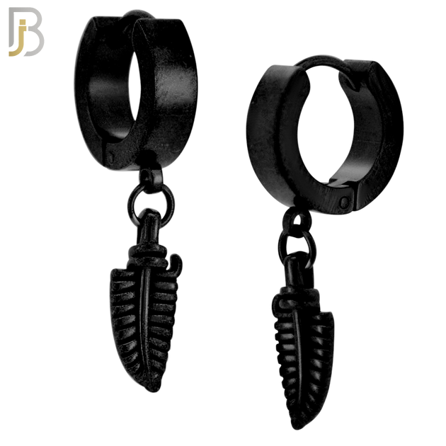 ES89 - 316L Stainless Steel Dangling 14.5mm Feather Long Design Huggies Clip On image 2