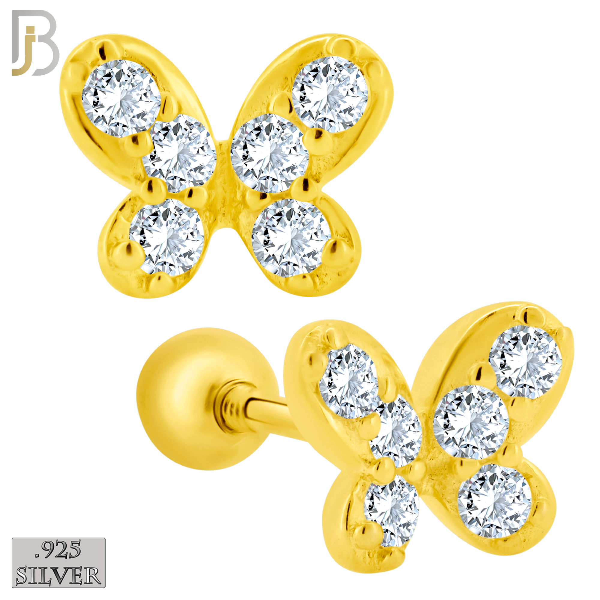 925-ES421 - Screw Ball Back - 925 Sterling Silver Butterfly with Multi CZ Stud Earrings image 1