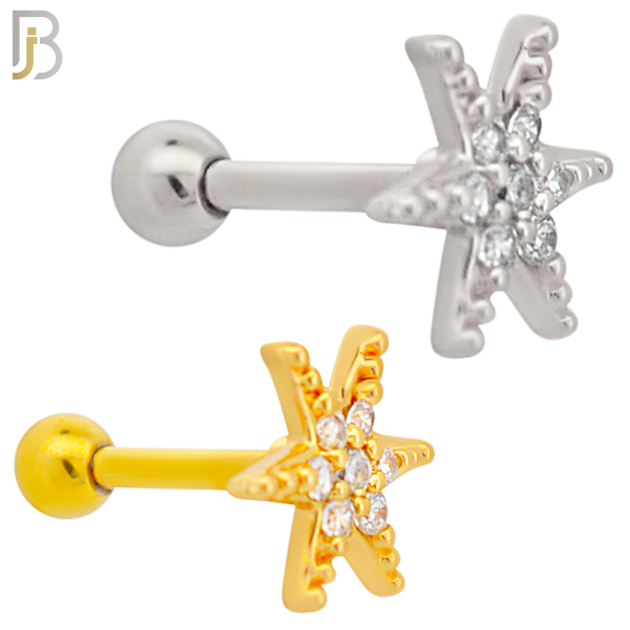TB11 - 316L Surgical Steel Star Design with Zircon Tragus Barbell Cartilage Piercing Screw Ball (PACK OF 6) image 0