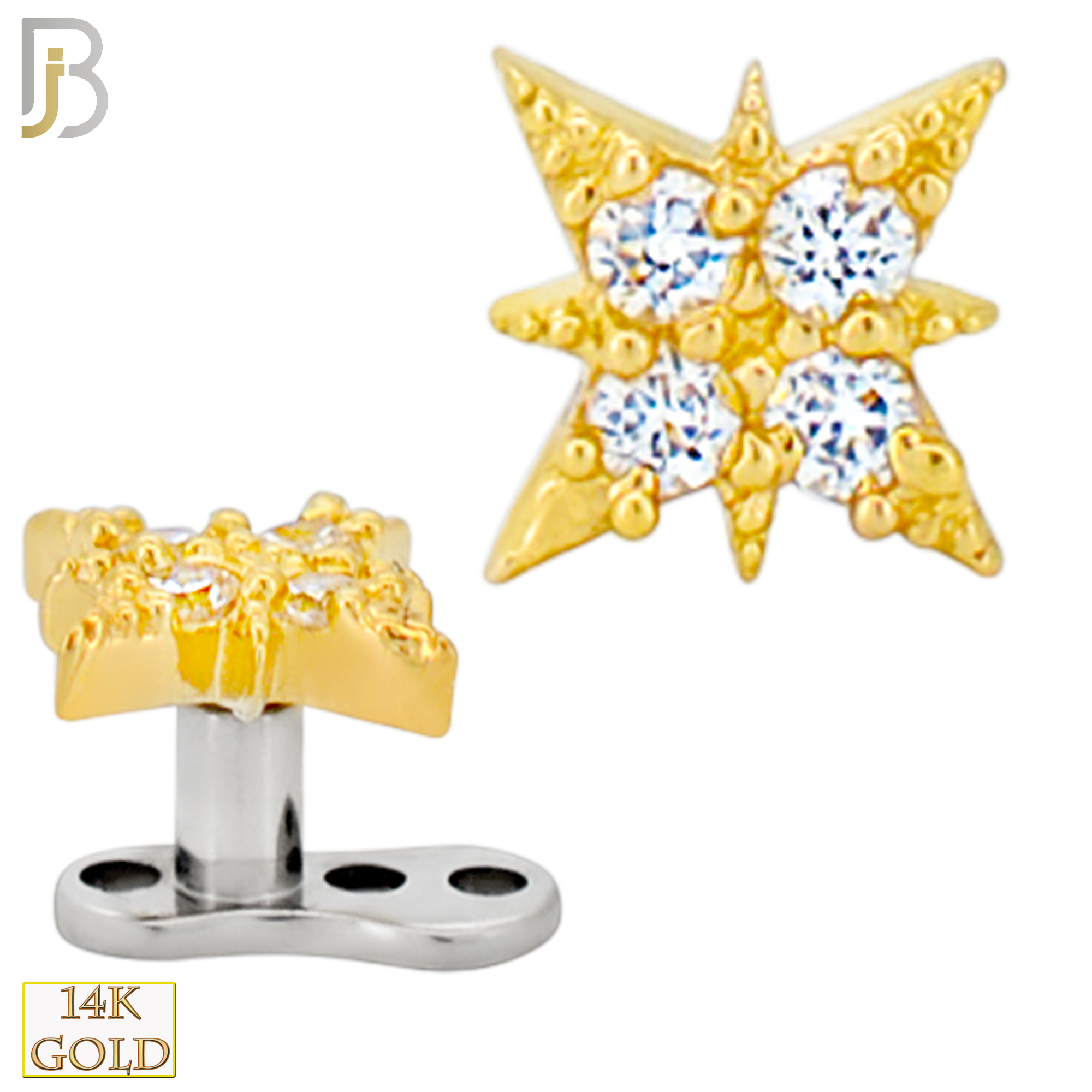 14-G23-DM16 - 14k Titanium Anchor and 14k Gold Top Starburst with Multi CZ Dermal - Internally Threaded image 0