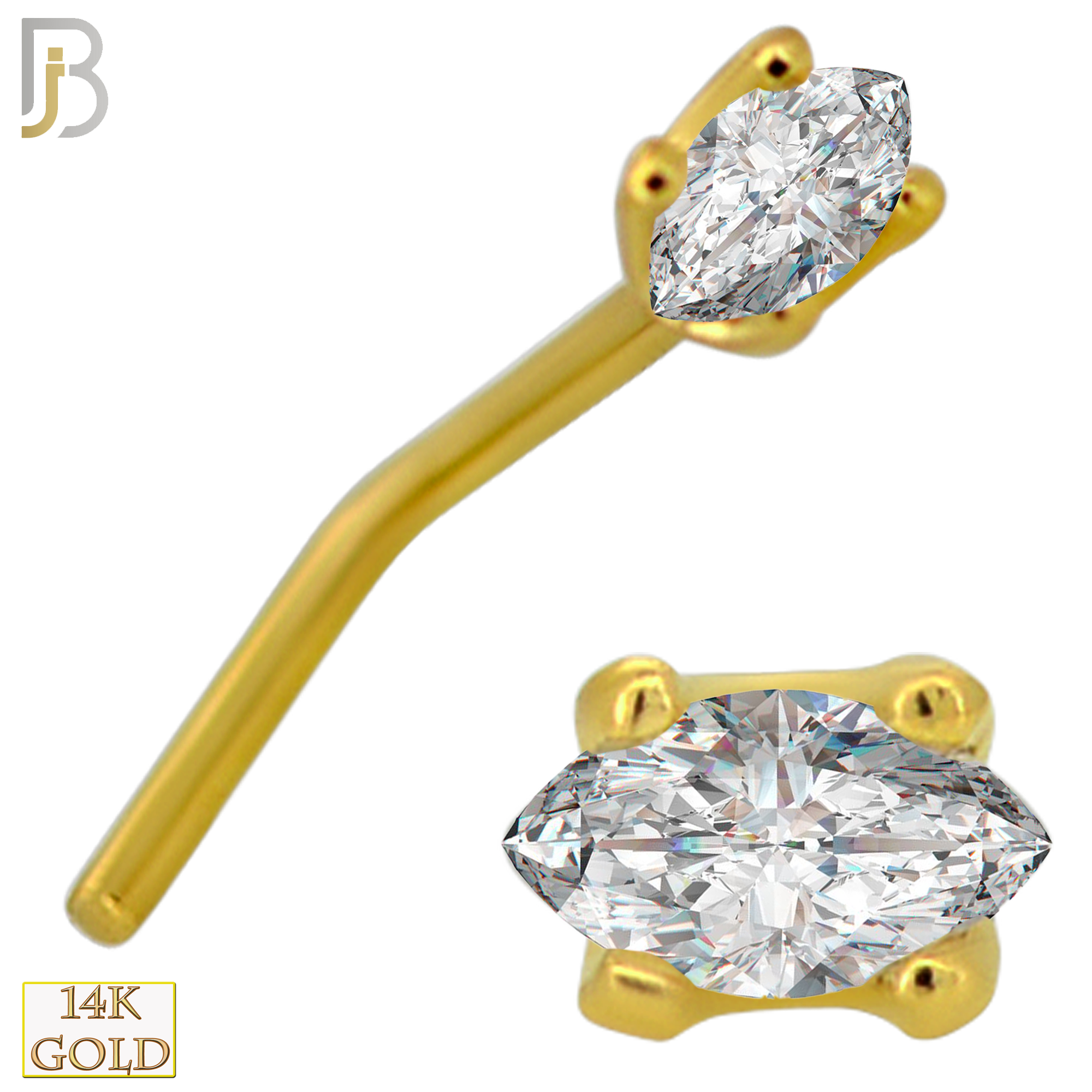 14-NR101L - 14k Yellow Gold L-Shaped Nose Ring with Marquise Cut CZ in Prong Setting image 0