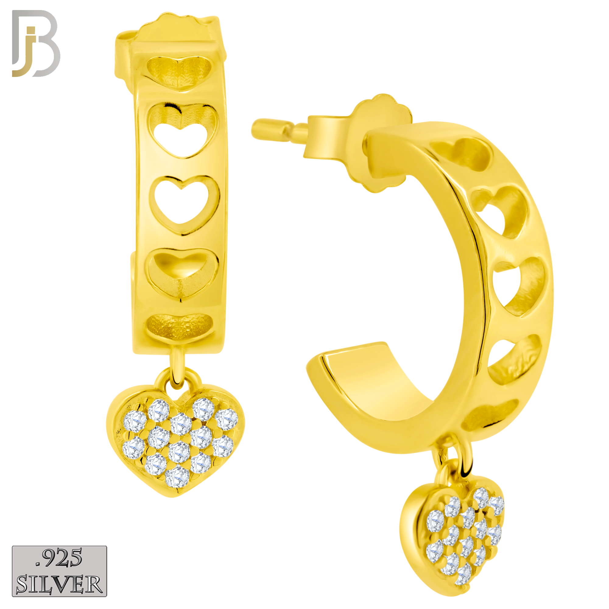 925-ES405 - 925 Sterling Silver Dangling CZ Studded Heart Half Hoop Earrings image 1