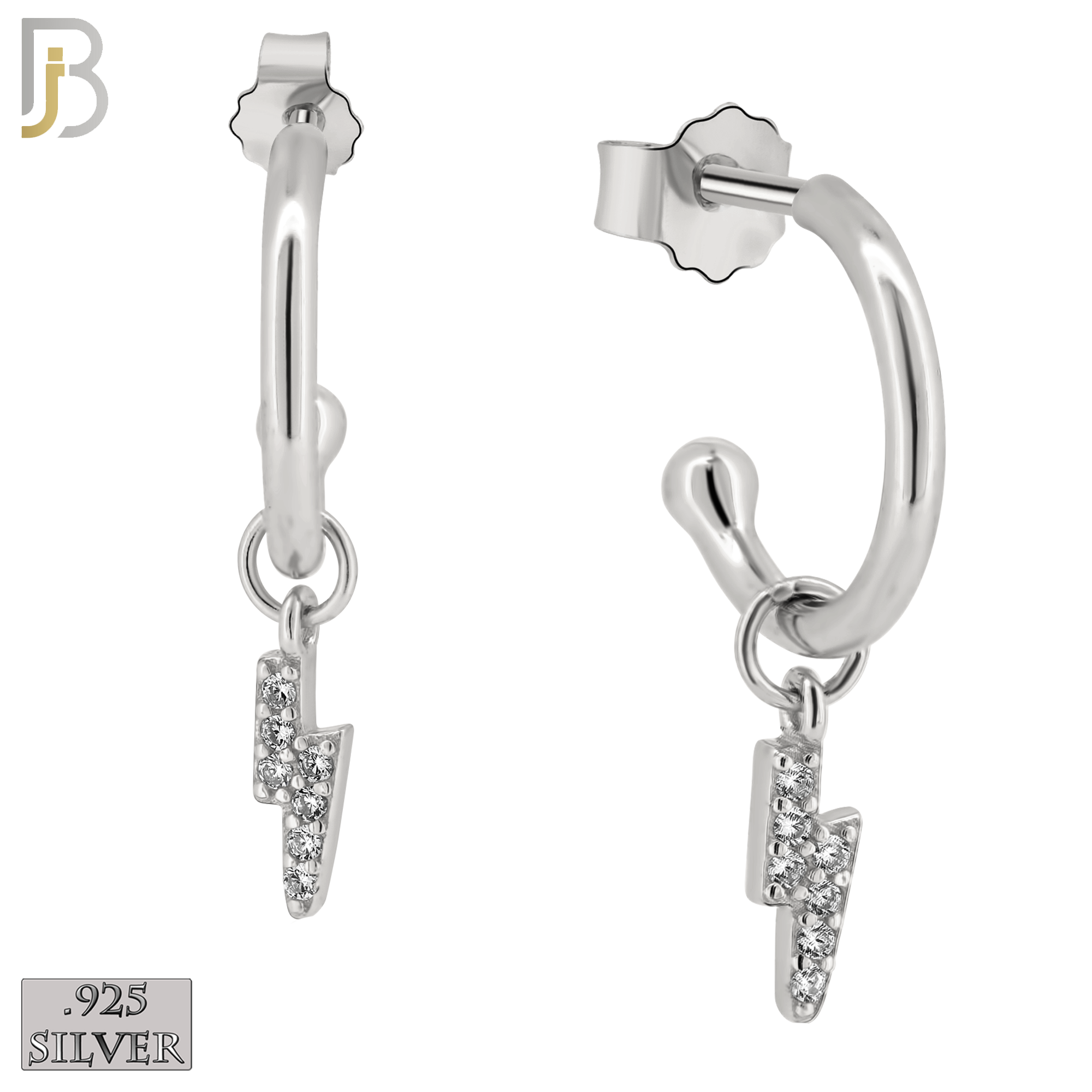 925-ES188 - .925 Sterling Silver Dangling Lightning Bolt  Half Hoop Earring  with Zircon Design Push Backing image 1