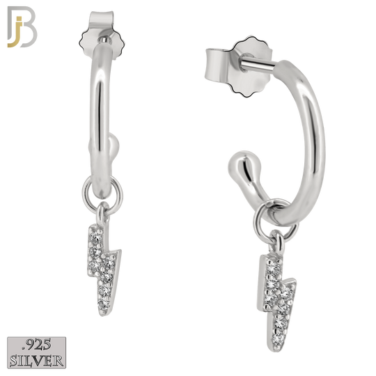 925-ES188 - .925 Sterling Silver Dangling Lightning Bolt  Half Hoop Earring  with Zircon Design Push Backing image 1
