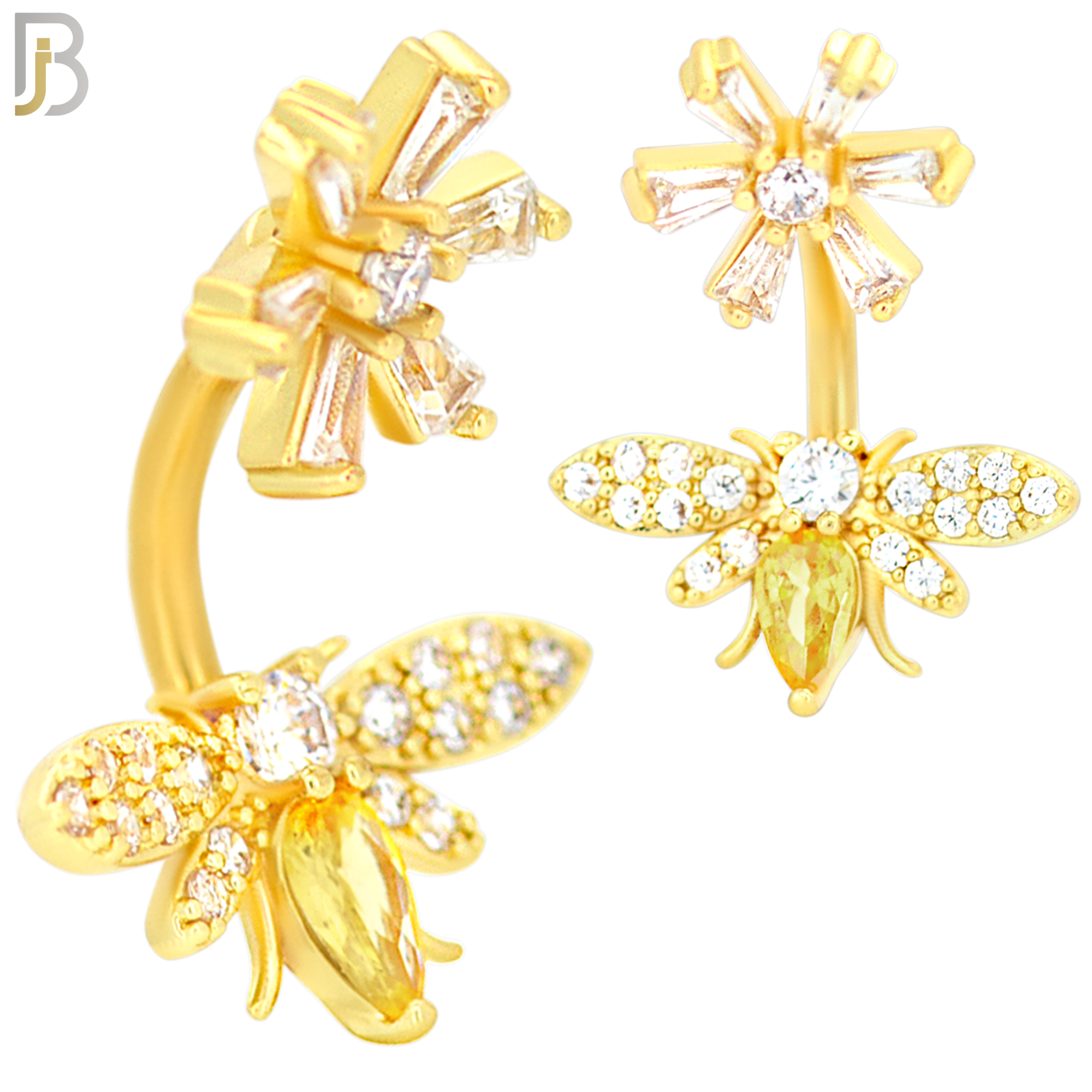NB31 - 316L Stainless Steel Bee with Flower Top Zircon Banana Belly Navel Ring image 1