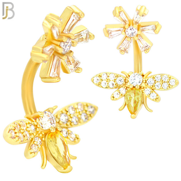 NB31 - 316L Stainless Steel Bee with Flower Top Zircon Banana Belly Navel Ring image 1