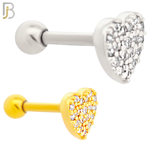 TB51 - 316L Stainless Steel and Brass Heart with Multi Zircon Design Tragus Barbell Cartilage Piercing Externally Threaded (PACK OF 6) image 0