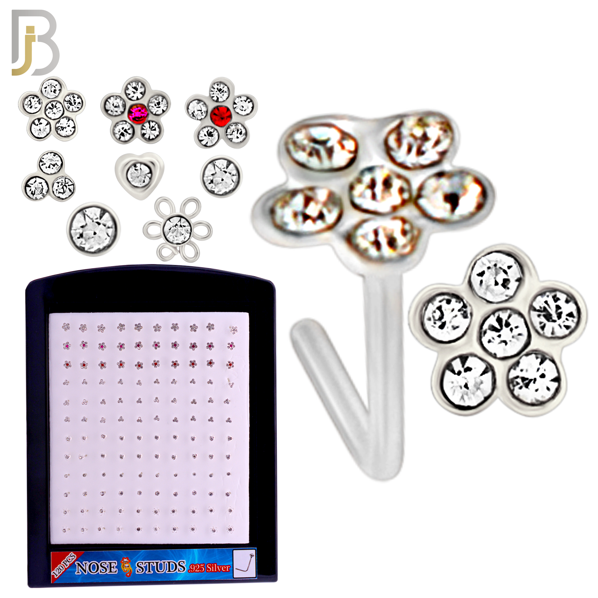 925-PK-NR08LS - 120 pcs, 925 Sterling Silver Nose Studs L Shape, 22g Thickness, Assorted Shape Design Tops Packages image 1