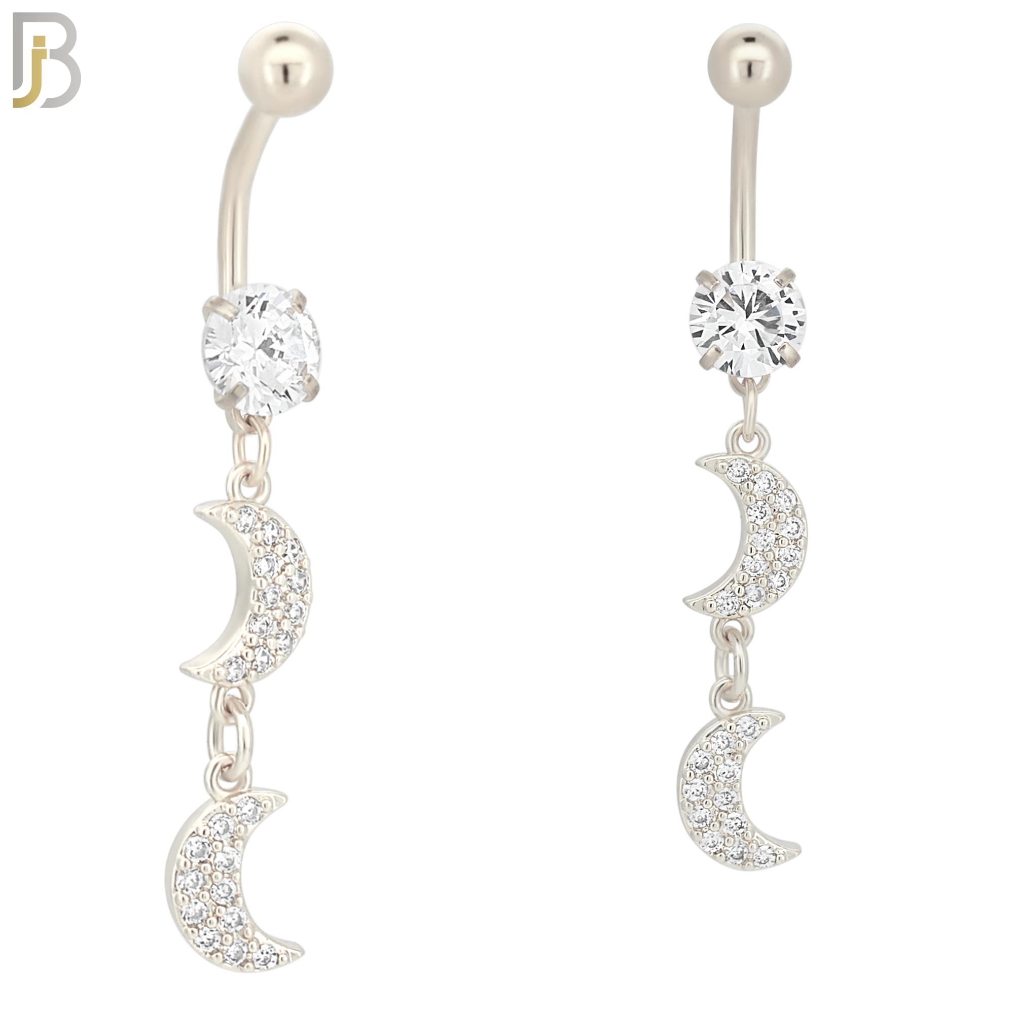 N006 - 316L Stainless Steel Dangling Two Moons with Multi CZ  Belly Ring image 1