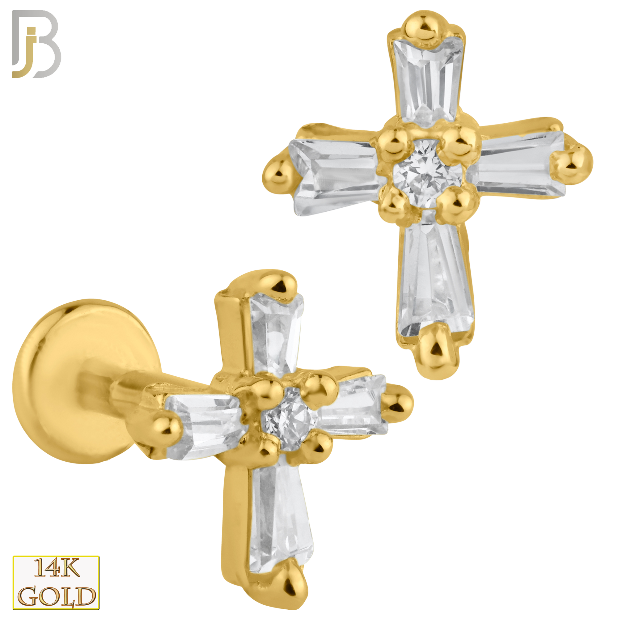 14-LB34 - 14k Solid Gold Cross with Zircon Internally Threaded Labret image 0