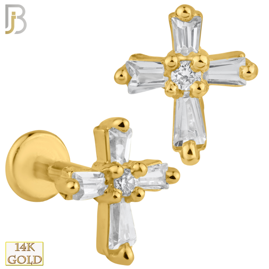 14-LB34 - 14k Solid Gold Cross with Zircon Internally Threaded Labret image 0