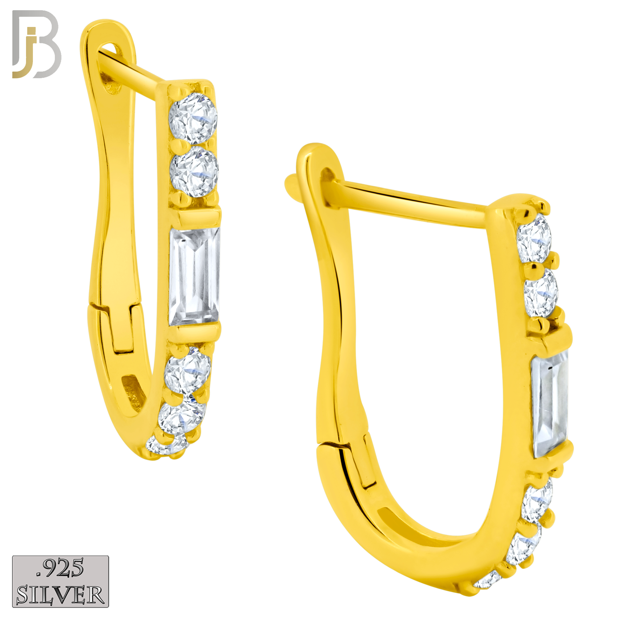 925-ES395 - .925 Sterling Silver Round and Baguette CZ Studded Hoop Earrings image 1