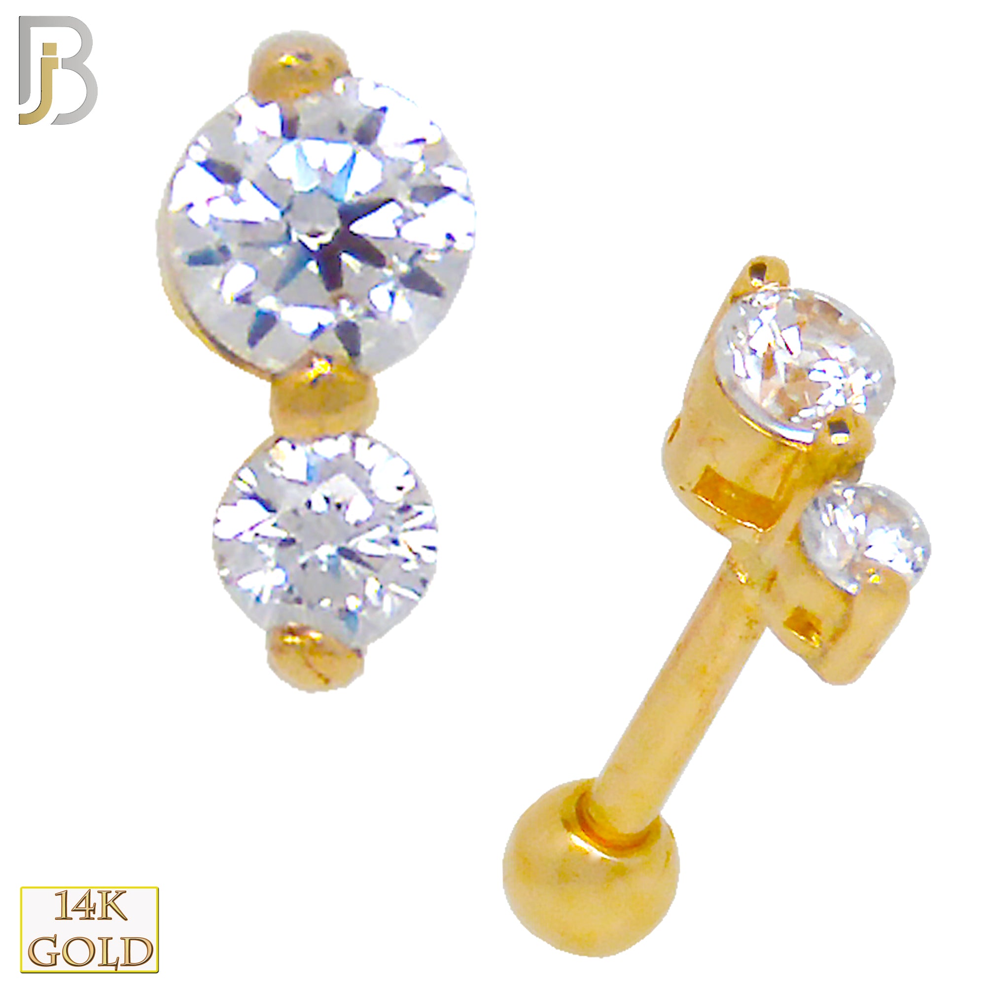 14-TB02 - 14k Yellow Gold Screw Back Double Round CZ in Prong Setting Tragus Barbell Cartilage Earring - Yellow Gold image