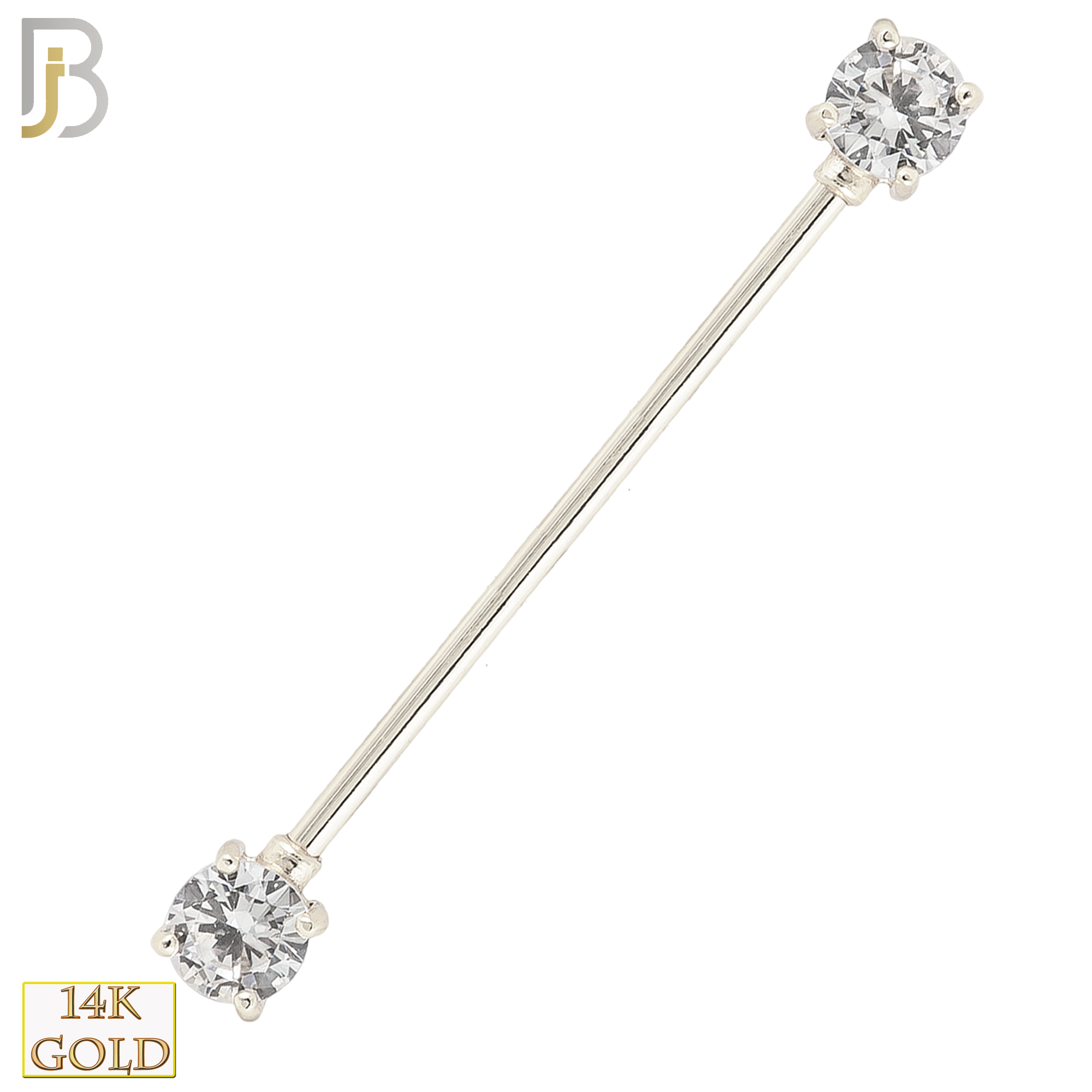 14-BB37 - 14k Solid Gold Industrial Straight Barbell with Round Clear CZ Externally Threaded image 1