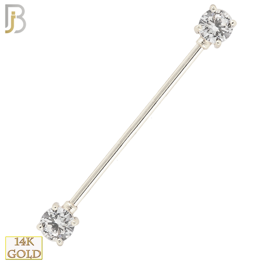 14-BB37 - 14k Solid Gold Industrial Straight Barbell with Round Clear CZ Externally Threaded image 1