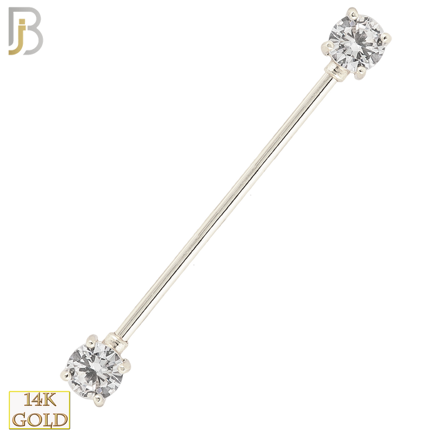 14-BB37 - 14k Solid Gold Industrial Straight Barbell with Round Clear CZ Externally Threaded image 1