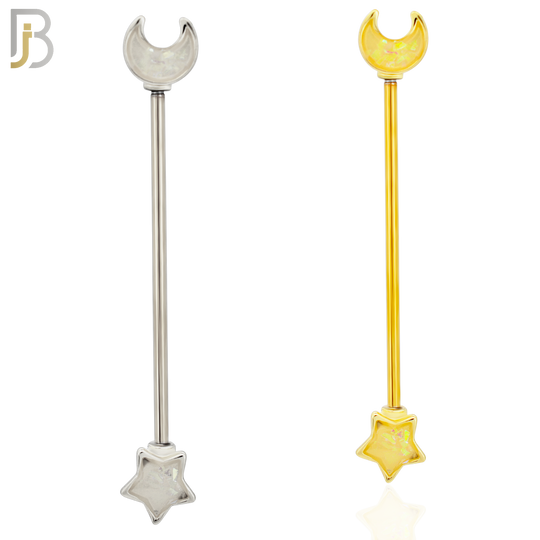 BB42 - 316L Surgical Steel Star and Moon Opalite Design Externally Threaded Industrial Barbell (PACK OF 4) image 0