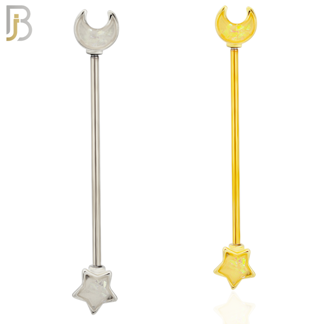 BB42 - 316L Surgical Steel Star and Moon Opalite Design Externally Threaded Industrial Barbell (PACK OF 4) image 0