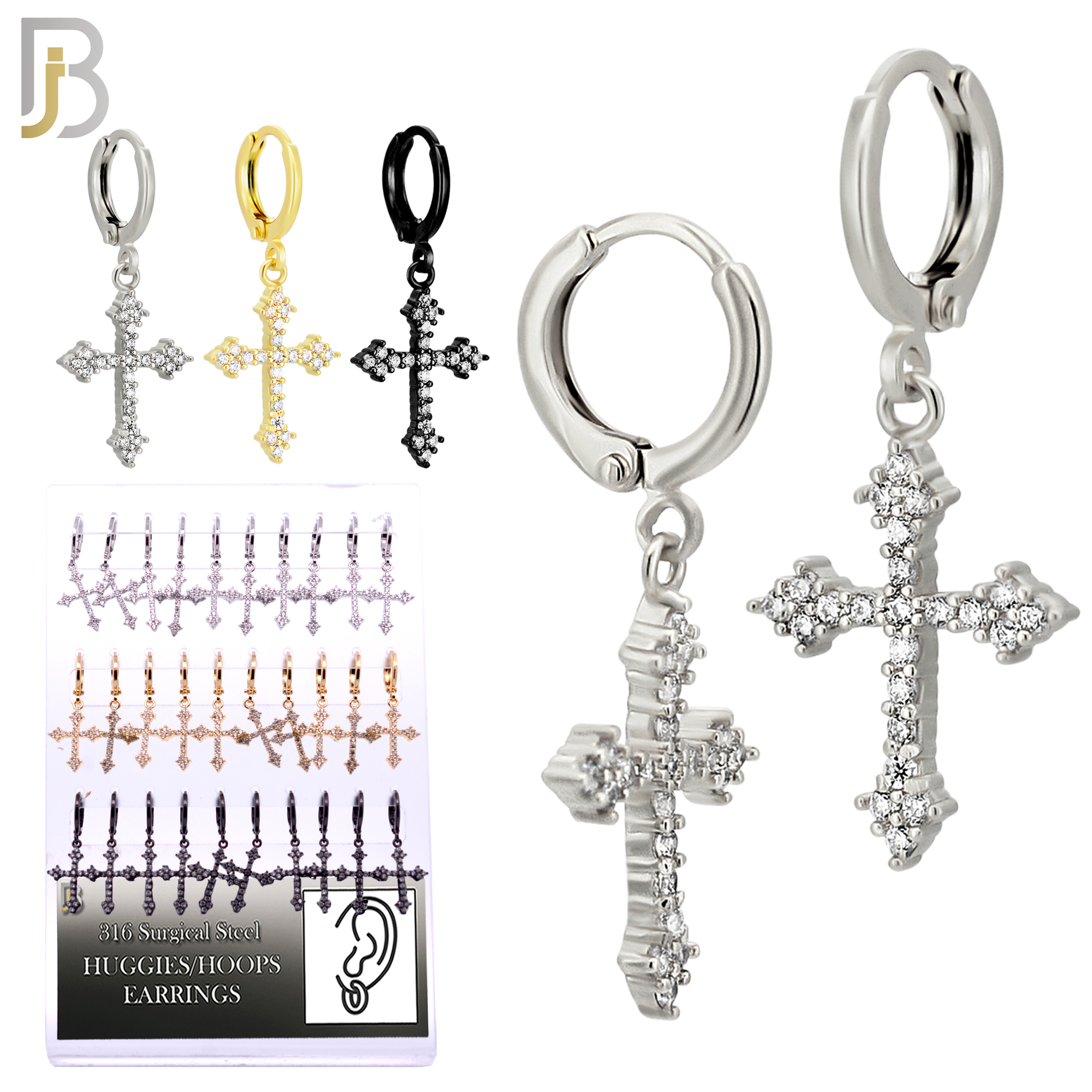PK-ES51M - 316L Stainless Steel Dangling Cross Zircon Design Huggies Clip On - Pack of 15 Pairs image 1