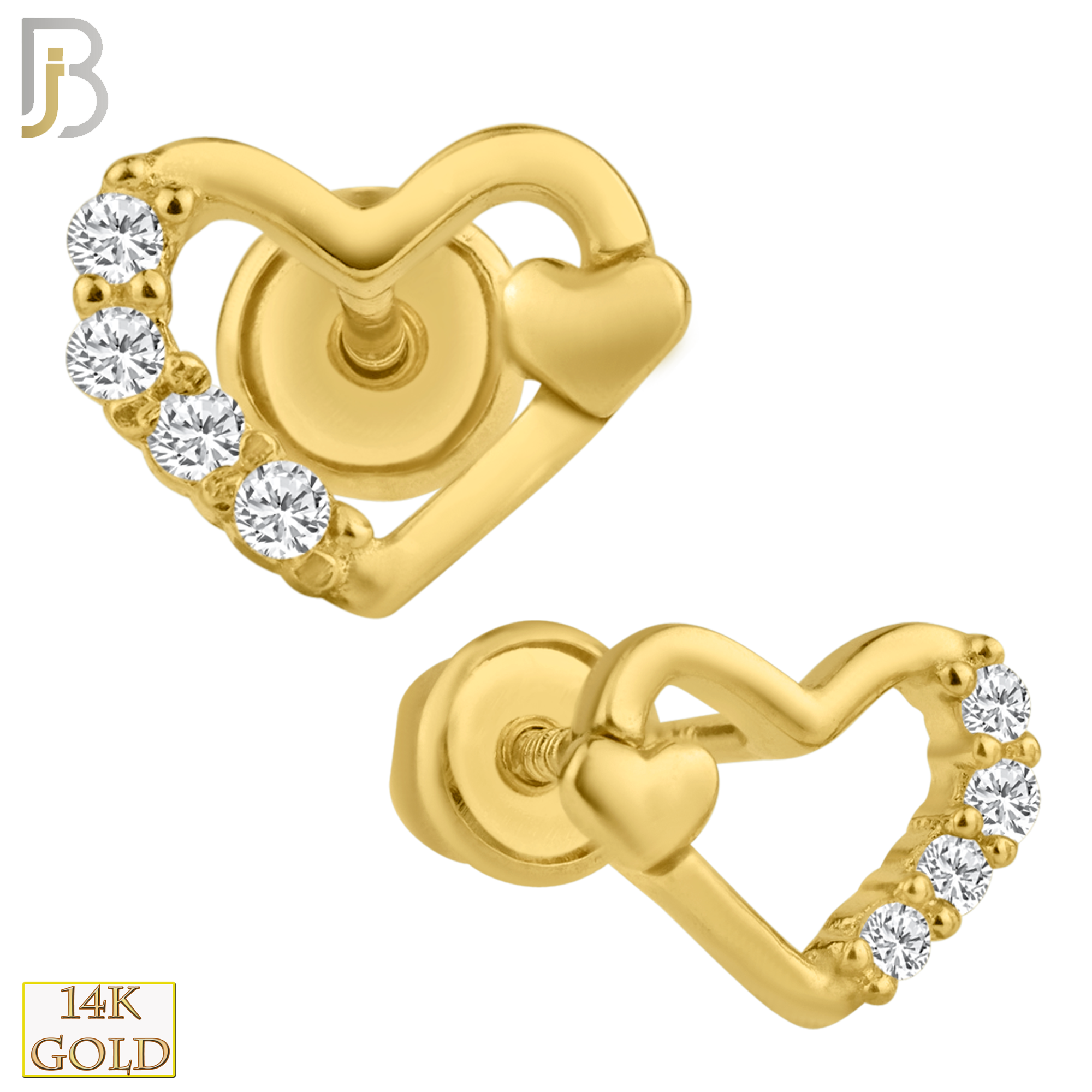 14-ES96 - 14k Solid Gold Hollow Heart Design with CZ and Mini Heart  Design Stud Earring image 0
