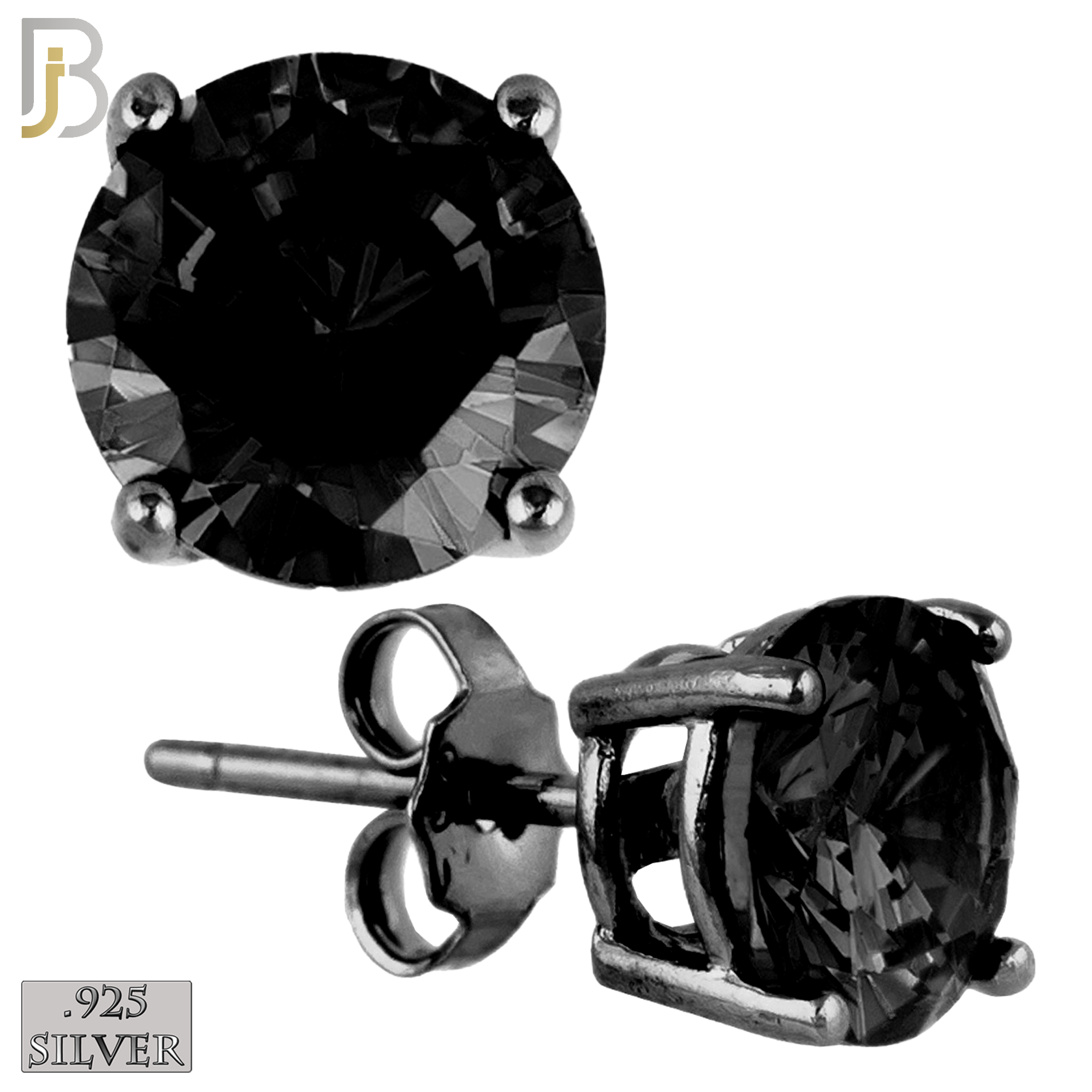925-ES71-KK - .925 Sterling Silver Black Plated Earring Stud Casting Round Prong Setting Black Zircon image 0