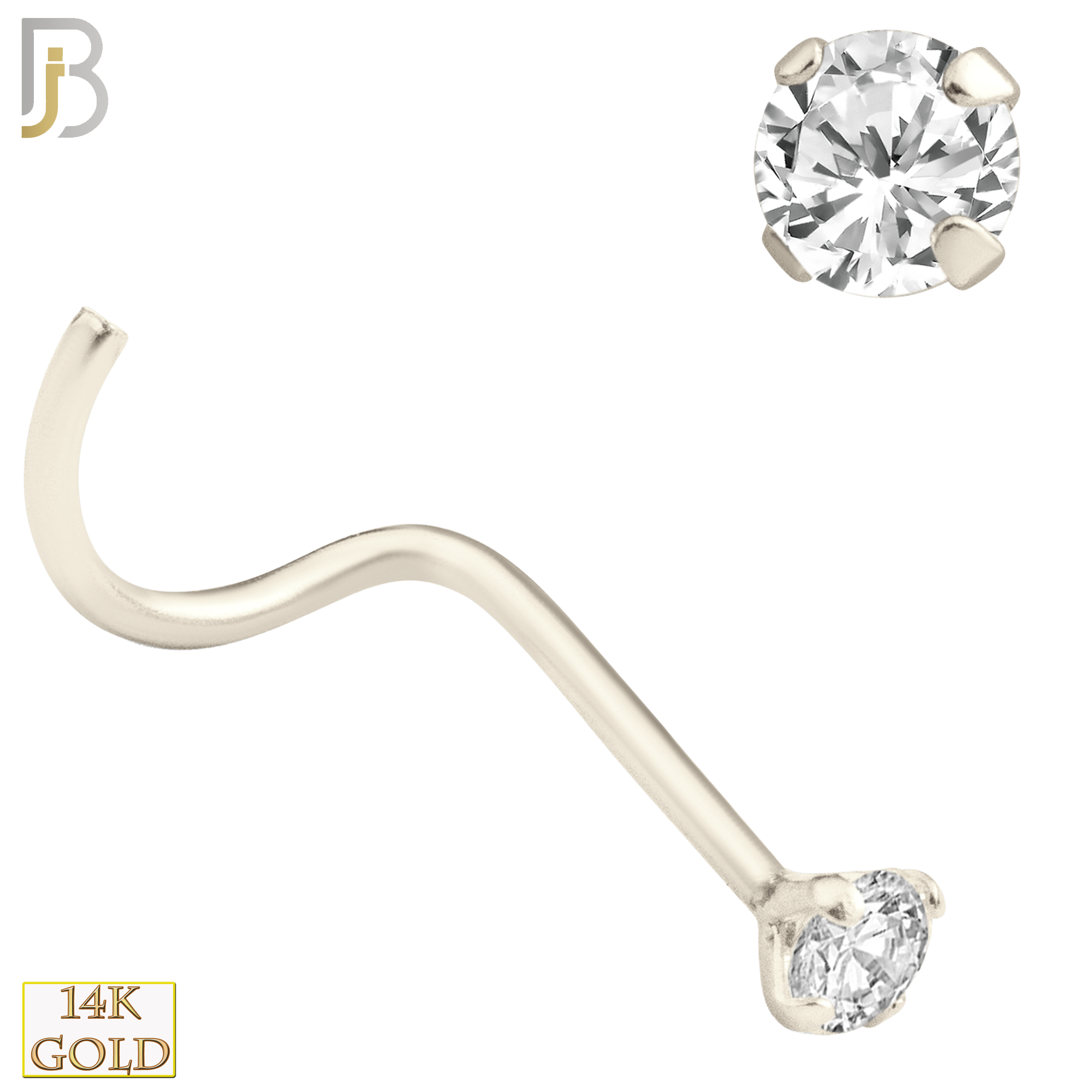 14-NR03CW-22 - 14k Solid White Gold 22g Prong Setting  Round Cubic Zircona Nose Screw, Cork Screw - 2mm image
